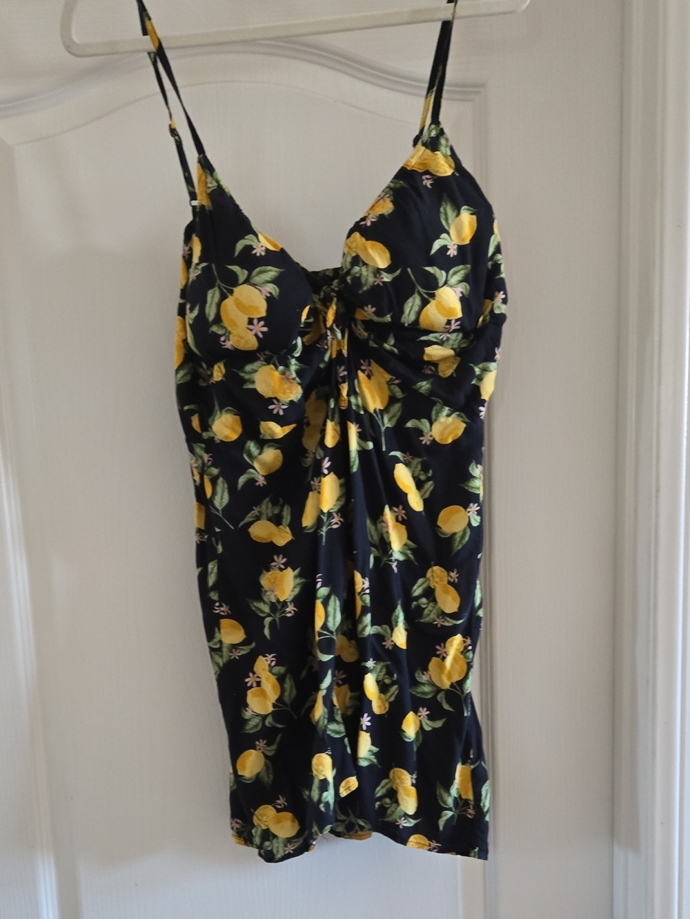 Women's Lemon Print Spaghetti Strap Dress - Navy & Yellow